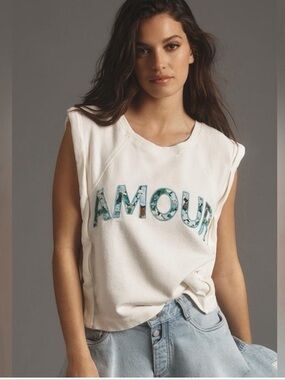 Anthropologie Cream Tank with Teal Floral 'AMOUR' Graphic
